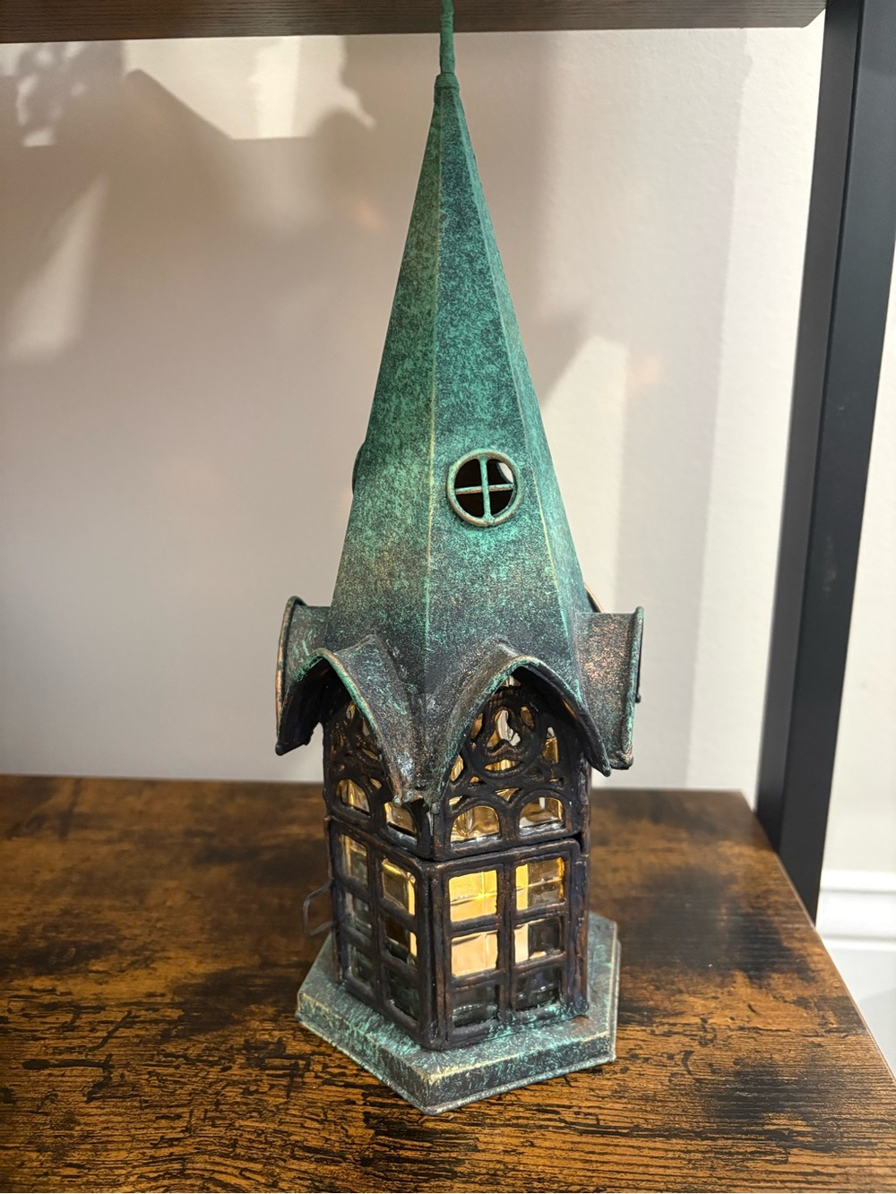 12” Patinated Green Metal Lantern